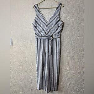 Crystal Sky Striped V-Neck Belted Jumpsuit in Blue and White Women Size L